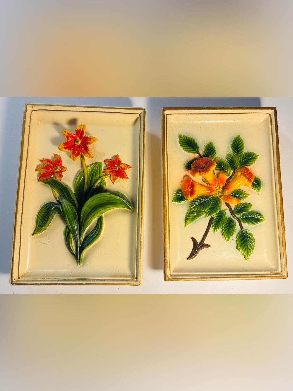 Vintage Lefton Chalkware Flower Plaques